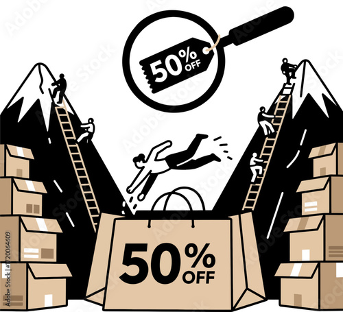 Reaching the summit of savings with a major discount, a creative vector graphic about consumerism
