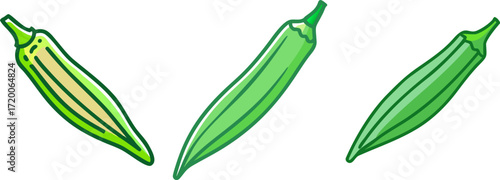  stylized okra vegetables on a white background, healthy and colorful