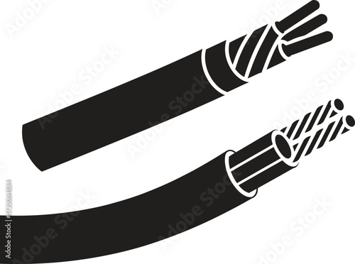 Illustration of two black electrical wires with exposed copper strands