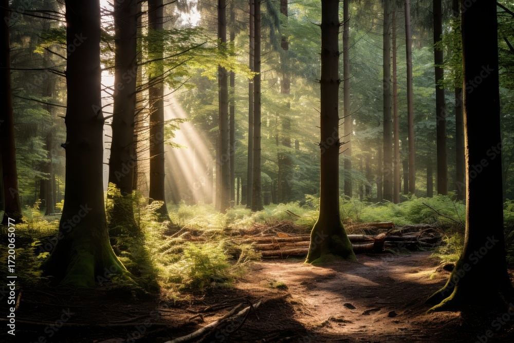 Fototapeta premium Sunbeams pierce dense forest canopy illuminating mossy ground light trees