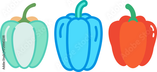  differently colored bell peppers displayed against a plain white background