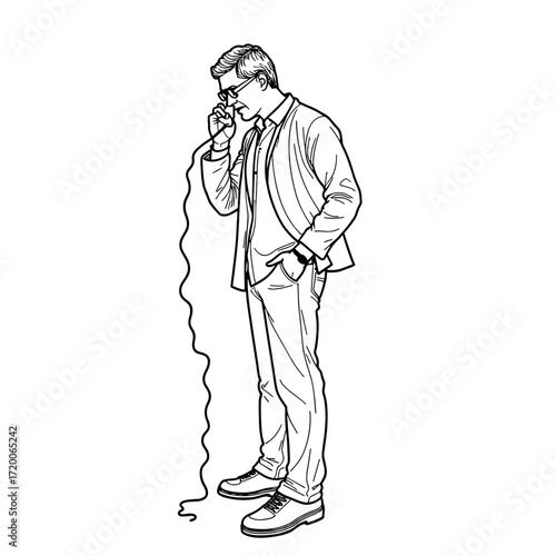Young man talking on the phone while standing in casual outfit  