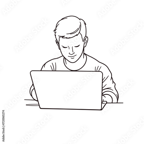 Young man working on laptop at desk in simple line art style  
