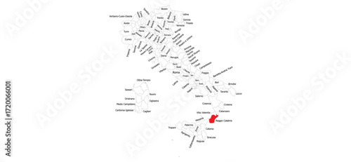 Detailed map of Italy outlined in black and white, with Reggio Calabria province highlighted in red, showing geographic boundaries and regional divisions in a modern design