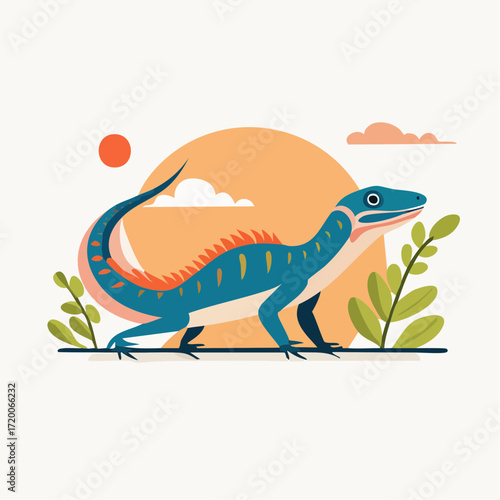 Vibrant Blue Lizard in Sunset Landscape Illustration