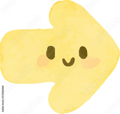 A cute, smiling yellow arrow with rosy cheeks pointing to the right, rendered in a watercolor style.
