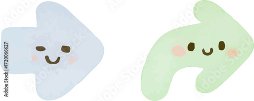 Adorable pastel illustration of two friendly arrows, a winking blue one and a smiling green one, with a soft watercolor texture.