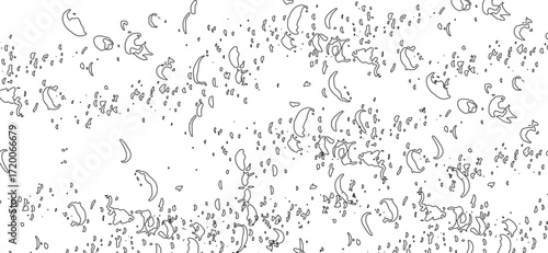 An abstract array of outlined crescent and droplet shapes scatters across a stark white backdrop, creating an artistic, minimalist, and dynamic visual composition perfect for various design purposes