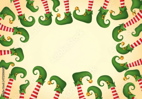A festive border frame made of green elf shoes and red and white striped stockings, perfect for christmas and holidaythemed designs