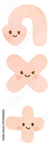 Three cute plush shapes: arc, X, and plus sign.