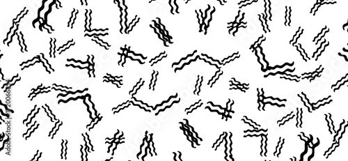 This artistic background displays a dynamic monochrome pattern with repeated black wavy line segments arranged randomly on a clean white surface, offering a visually striking texture