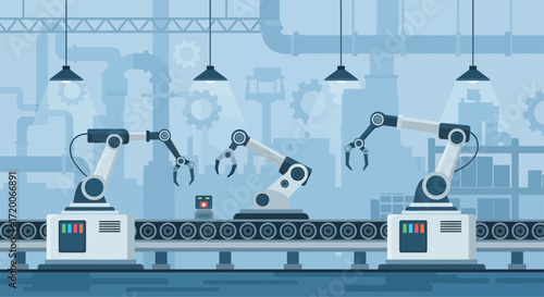 Industrial automation concept with robotic manipulators on a conveyor belt for efficient manufacturing