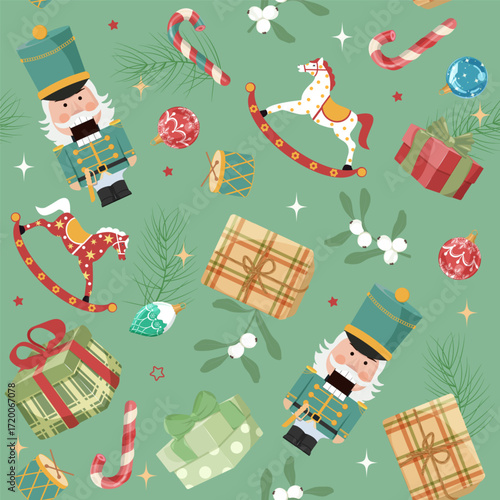 Christmas seamless pattern featuring nutcrackers and new year's toys. Perfect for kids' clothing and home decor, as well as wrapping paper.