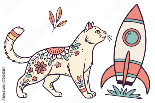 Adorable cream cat with vibrant floral patterns dark outline standing and looking up cute cartoon illustration.