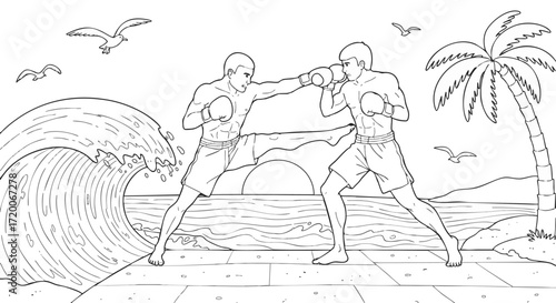 Two boxers training by the sea with waves and a palm tree on a sunny day