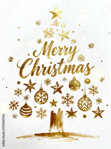 Golden Christmas tree with ornaments and stars on white background