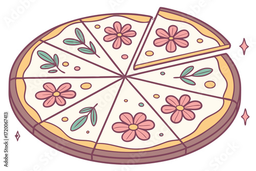Cartoon pizza with pink flowers and green leaves one slice separated vector illustration.