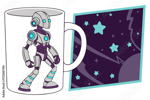 Cartoon robot with grey purple cyan armor glowing eyes standing in a white mug with space design.