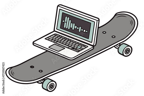 Cartoon skateboard with laptop displaying audio waveform graphic light blue wheels vector illustration.