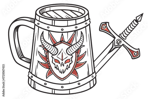 Cartoon Watering Can Shaped Like Wooden Barrel with Sword Spout and Horned Skull Emblem.