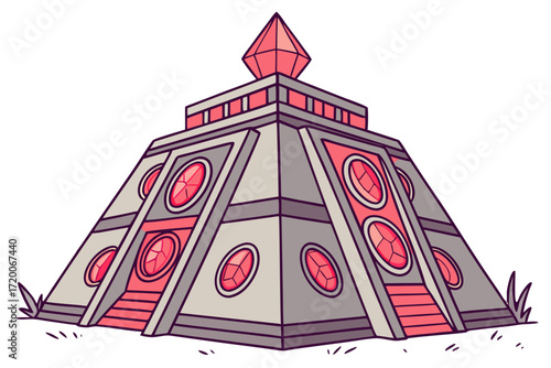 Cartoon tiered pyramid structure adorned with numerous pink faceted gems and a large crystal top.