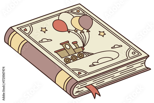 Cartoonish childrens storybook with train and balloons on cover featuring a red bookmark.