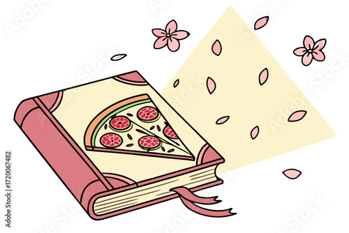 Charming cartoon book featuring a delicious pepperoni pizza slice on its light yellow cover complete with a pink ribbon bookmark.