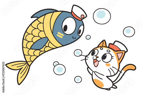 Cute cartoon fish and cat wearing sailor hats playing with bubbles.