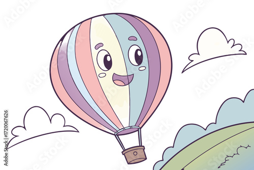Cute Cartoon Hot Air Balloon with Happy Face and Pastel Striped Panels.
