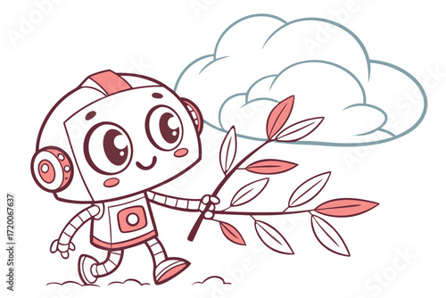 Cute cartoon robot character walking holding leafy plant branch friendly expression white and pink design.