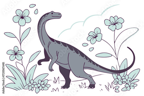 Cute cartoon grey longnecked dinosaur illustration standing with a gentle smile and distinctive back scales.