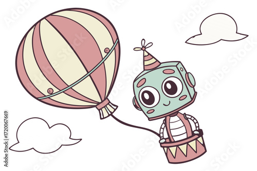 Cute cartoon robot in a striped hot air balloon wearing a party hat smiling happily whimsical illustration.