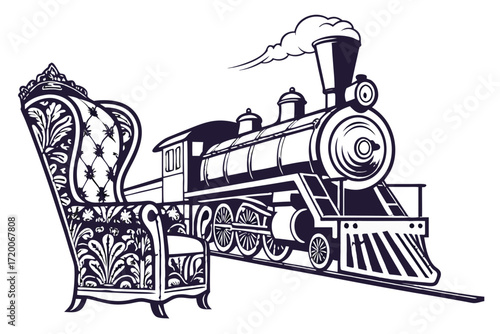 Detailed Vector Illustration of Ornate Vintage Armchair and Classic Steam Locomotive.