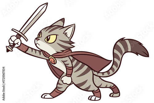 Determined cartoon tabby cat warrior with yellow eyes wearing a red cape holding a silver sword aloft.