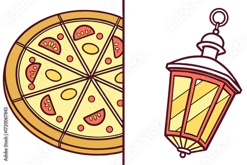 Delicious Cartoon Pizza with Eight Slices Topped with Tomatoes and Cheese Vector Illustration.