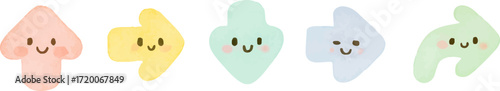 Four cute, colorful, cartoonish arrow-shaped characters with happy expressions.