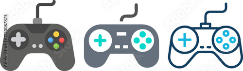  vector graphic gamepad controllers with varying designs and color palettes