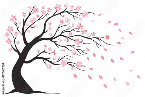 Elegant stylized cherry blossom tree with delicate pink flowers and windblown petals.