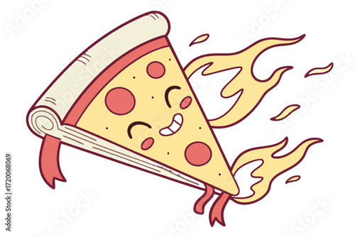 Happy cartoon pizza slice with red pepperoni rolled crust and yellow flames smiling while speeding.