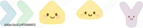 A whimsical collection of cute, cartoonish characters including two yellow teardrop shapes with smiling faces and a light purple letter Y with a face, alongside two blue and green chevron arrows.