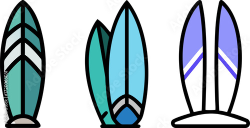 Unique and colorful surfboards standing side by side, ready to ride