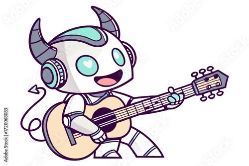 Joyful cartoon robot character with horns heart eyes and devil tail playing acoustic guitar.