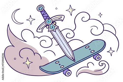 Ornate fantasy sword piercing a teal skateboard a whimsical cartoon illustration.