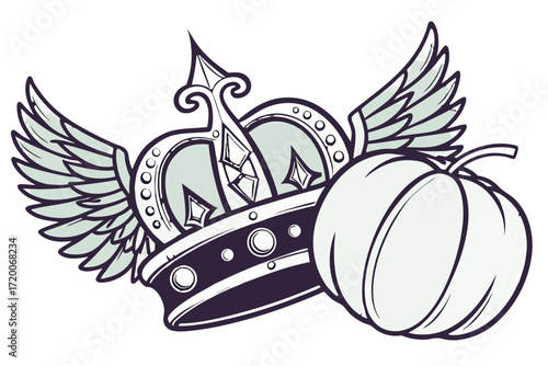 Ornate winged crown with diamondlike accents and a pale green segmented pumpkin illustration.