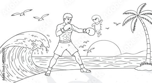 Line art of a boxer training on a tropical beach, engaging with a charming sea creature