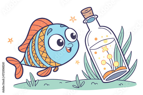 Playful blue cartoon fish with patterned scales and orange fins looking at a corked bottle.