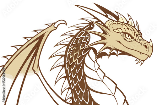 Stylized brown dragon head illustration with intricate scales sharp teeth and majestic pose.