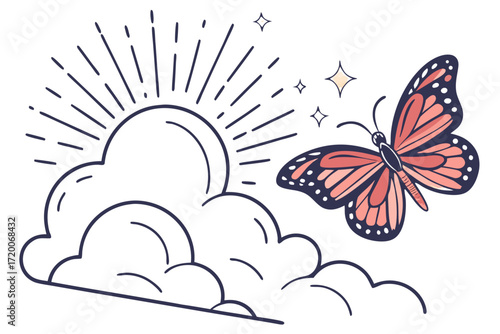 Stylized butterfly with coral and blue wings flying near a radiant sun and fluffy white clouds illustration.
