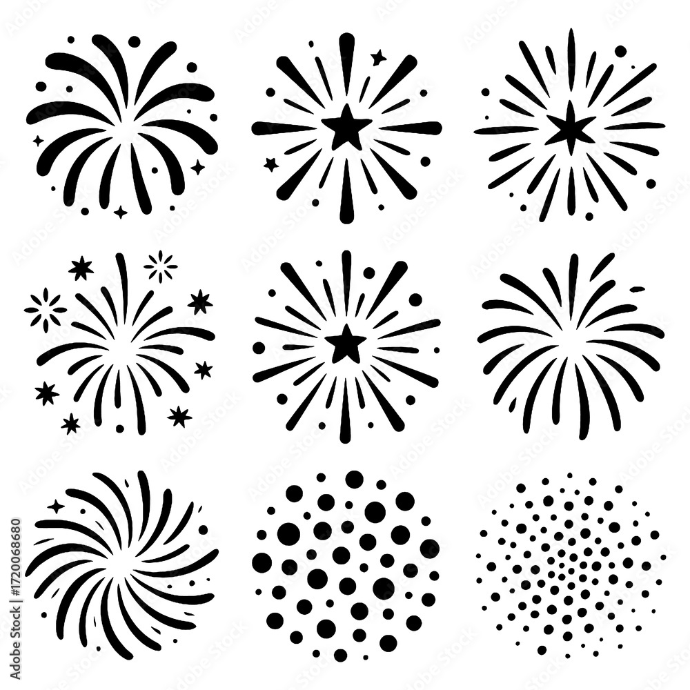 Obraz premium Decorative fireworks icons with stars and spark elements in bold silhouette style, Transparent Background