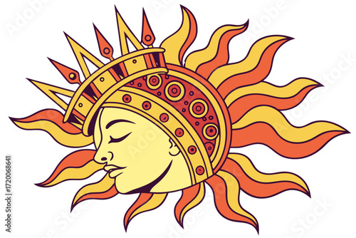 Stylized Sun with Serene Human Face and Ornate Crown Vibrant Yellow and Orange Rays.